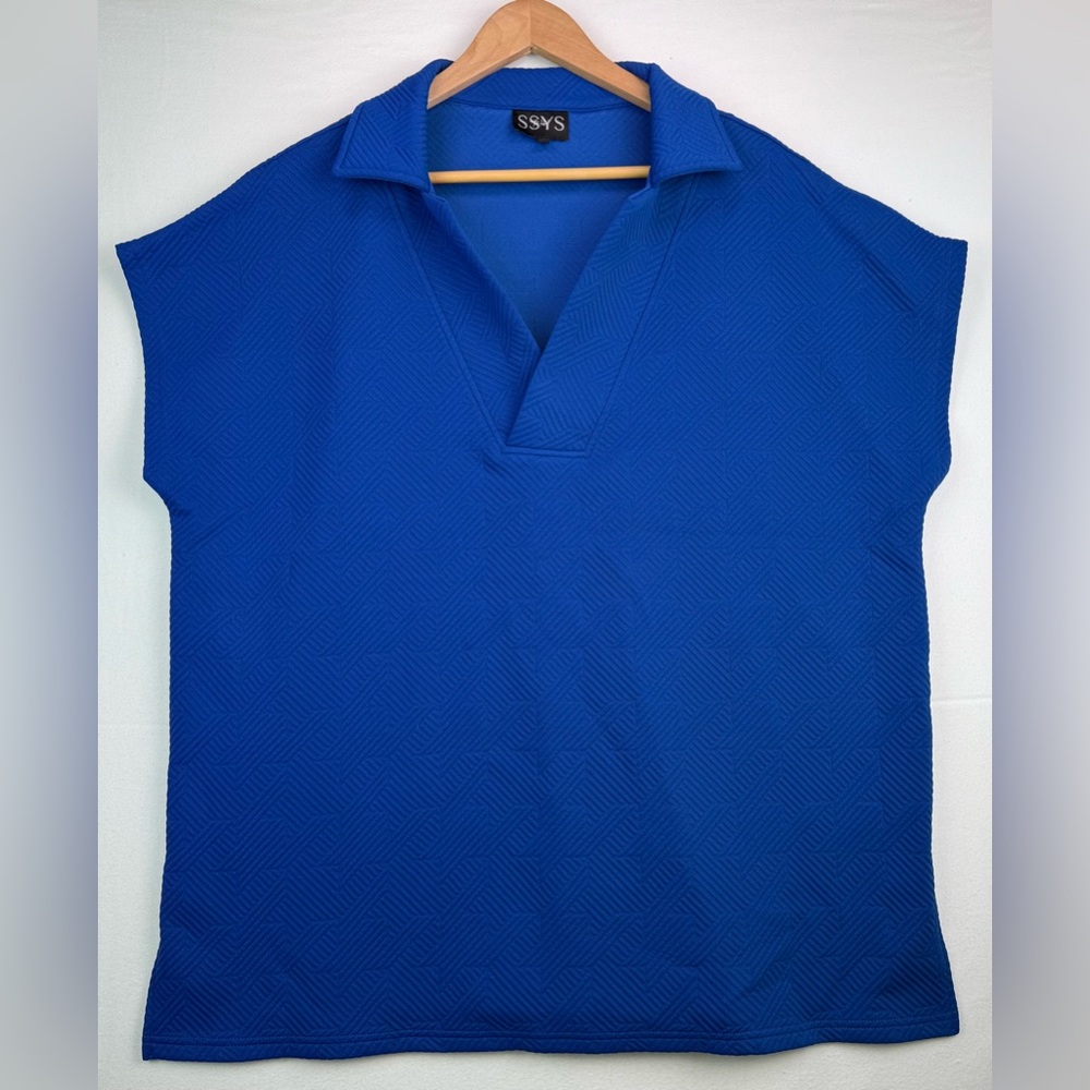 SSYS The Label Quilted V-Neck Top Blouse Electric Blue Diamond Pattern Size XL